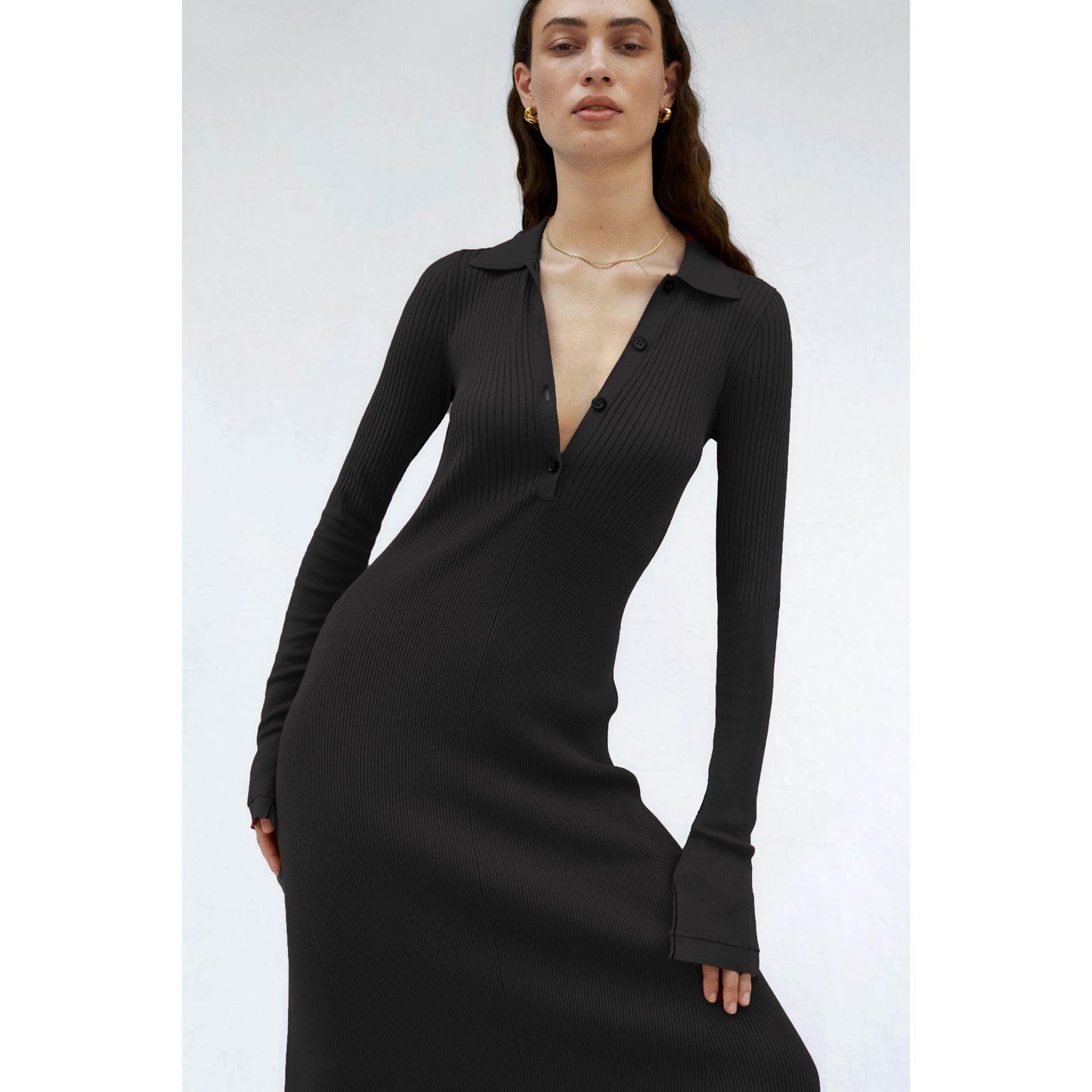 Maria McManus Ribbed Knit Maxi Dress w Collar in Black, size Small