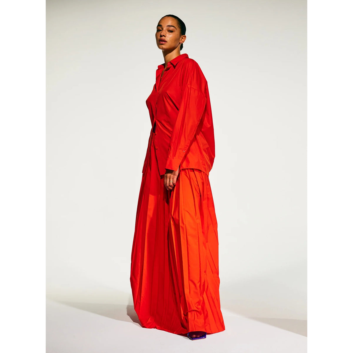 Tibi Italian Sporty Nylon Pleated Pull On Maxi Skirt in Red, size large
