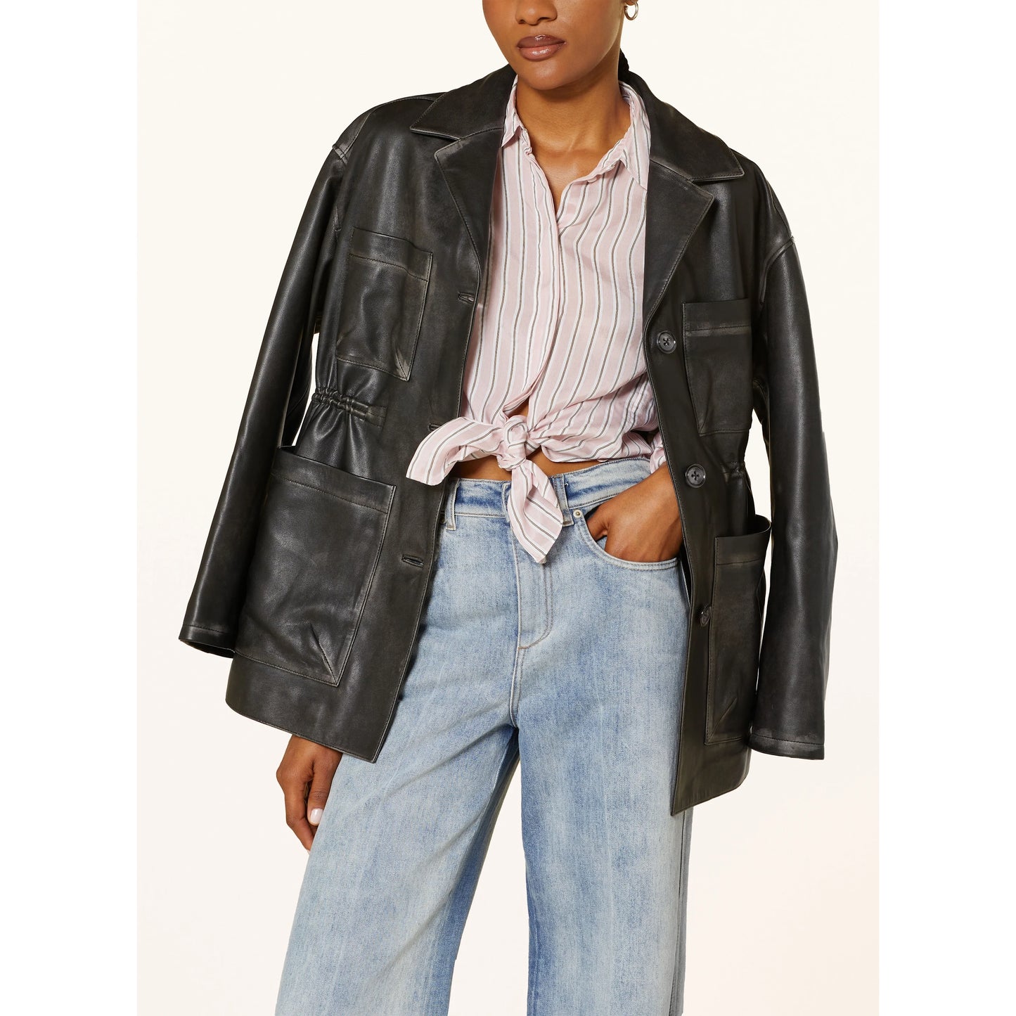 Dorothee Schumacher "Sleek Statement" Distressed Leather Jacket in Black, size "2" (Size Small)