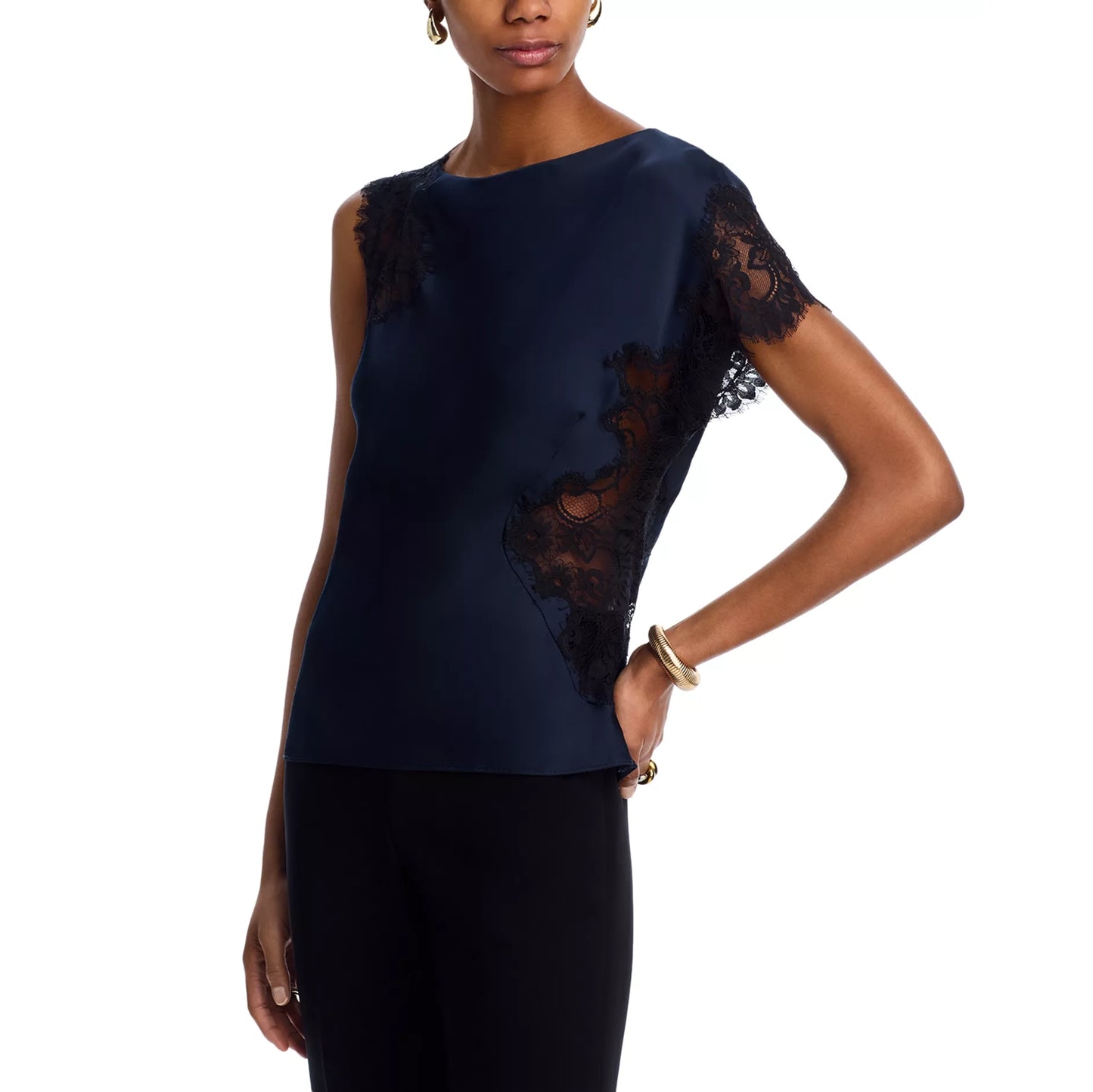 A.L.C. "Alessia" Lace and Satin Top in Black/Navy, size 4.