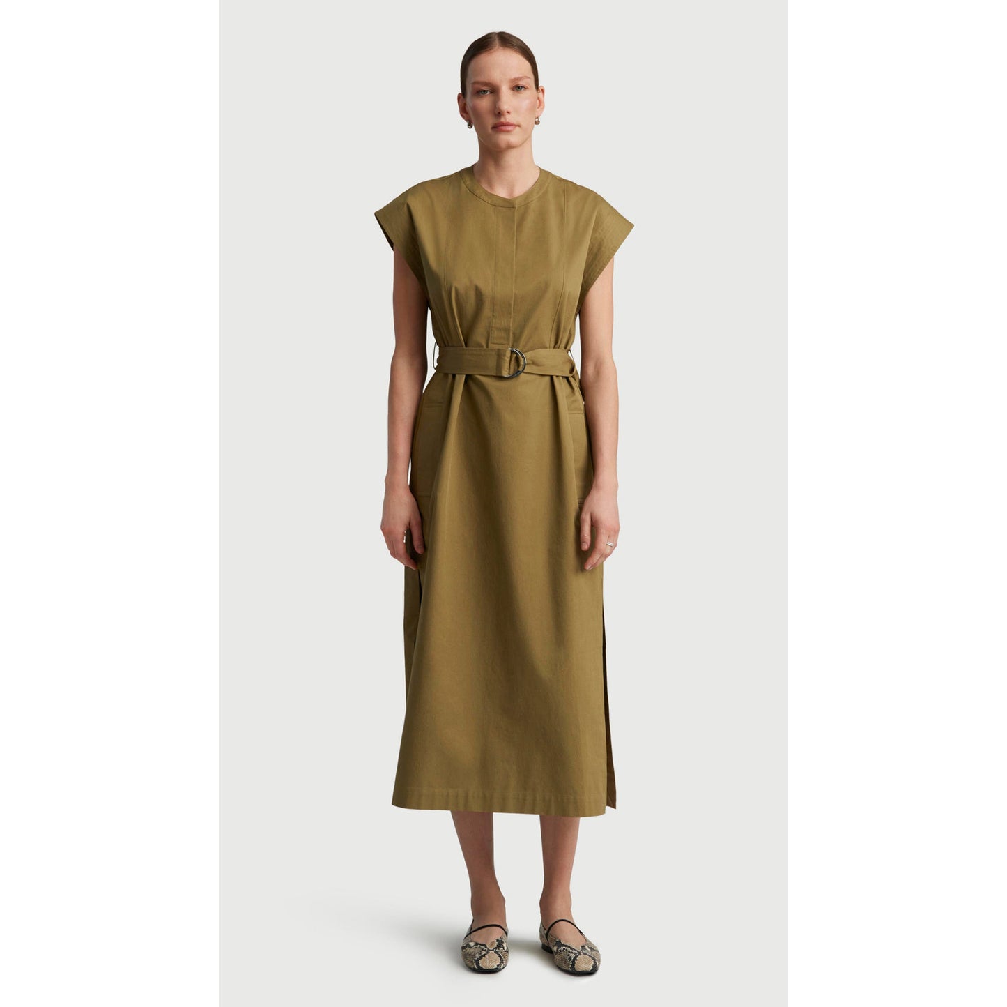 Argenta Belted Cap-Sleeve Cotton Twill Midi Shirtdress in Mushroom, Size Small