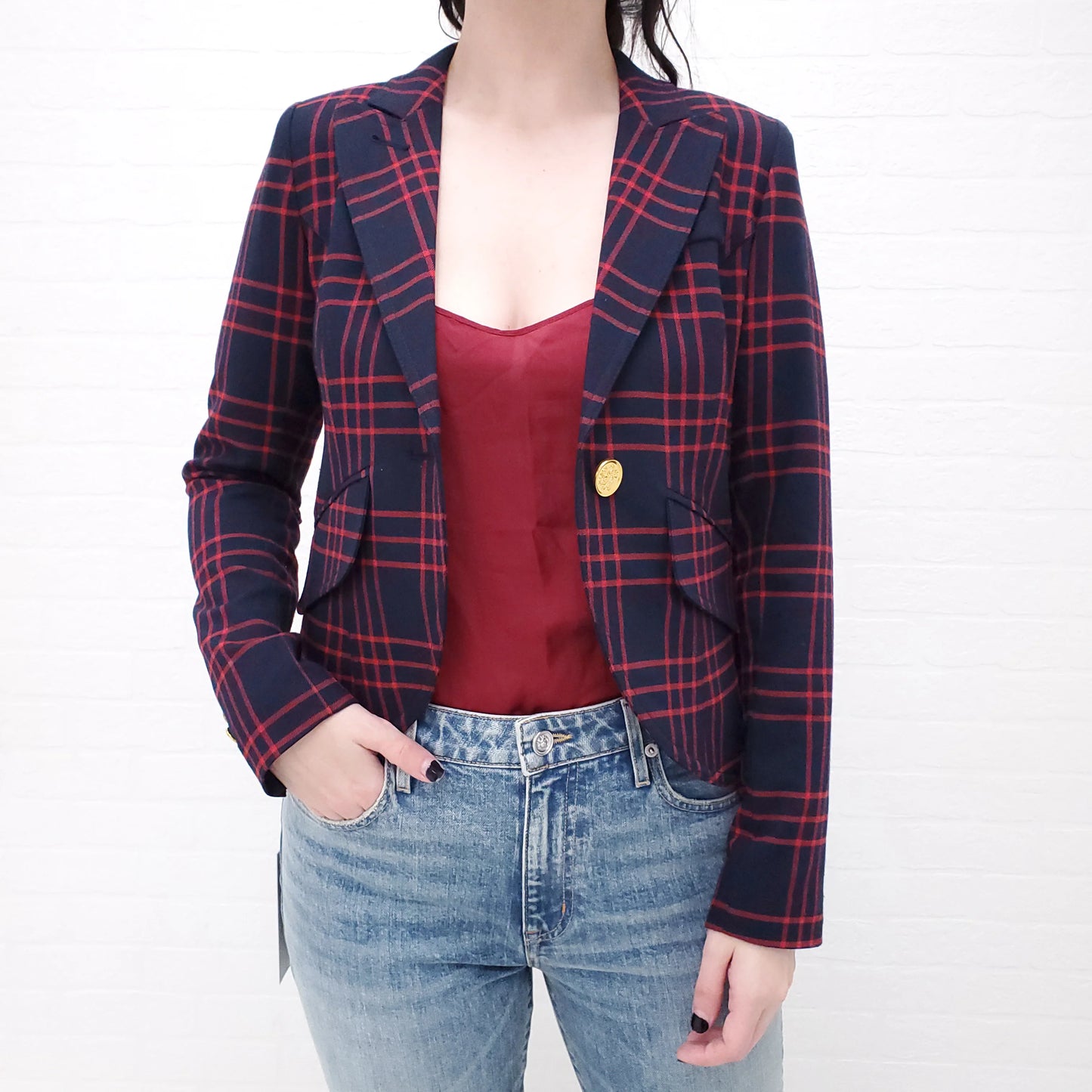 Smythe One Button Checked Blazer in Red/Navy, size 6 (Fits like 2/4)
