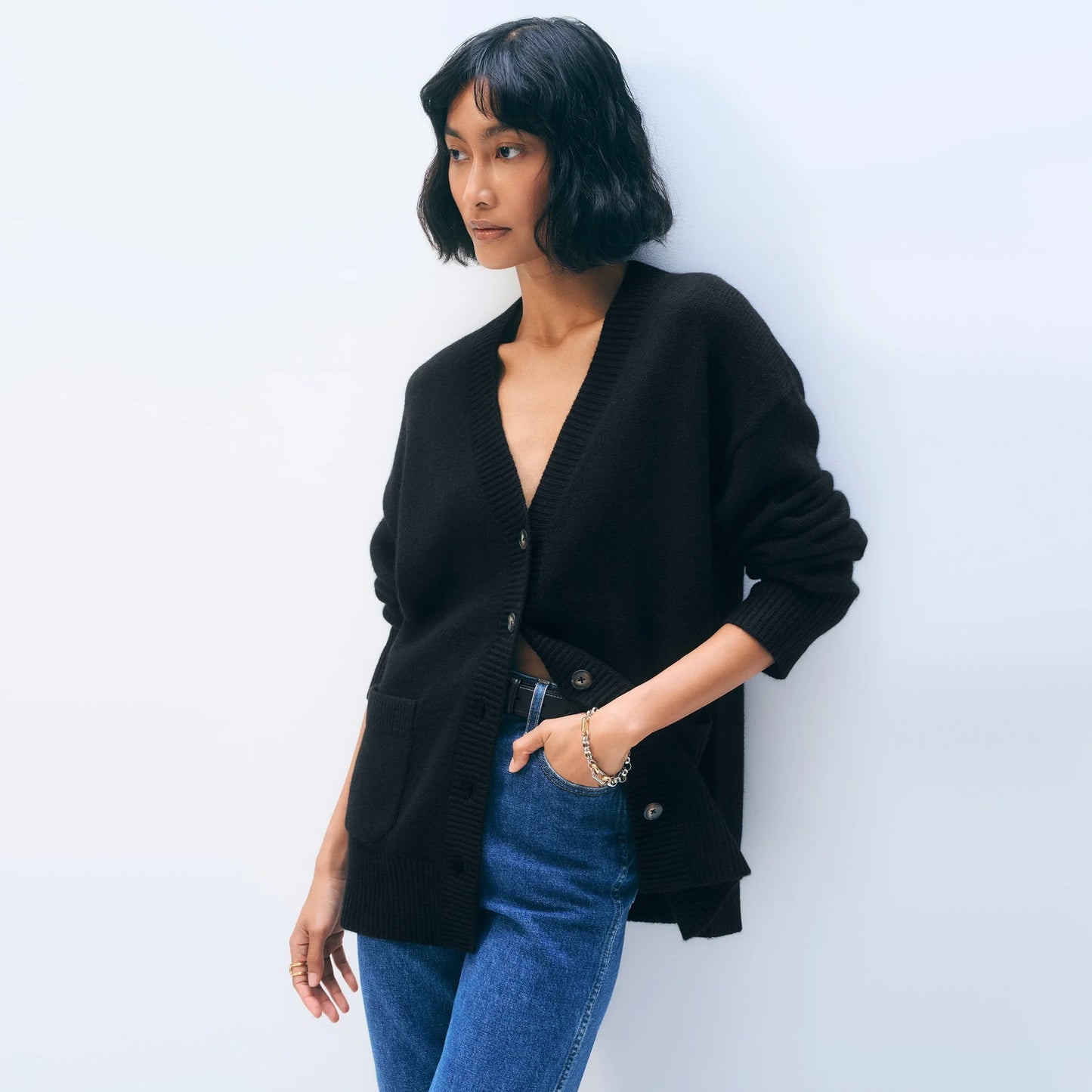 White + Warren Luxe Pocket Cashmere Sweater in "Black", Size Medium