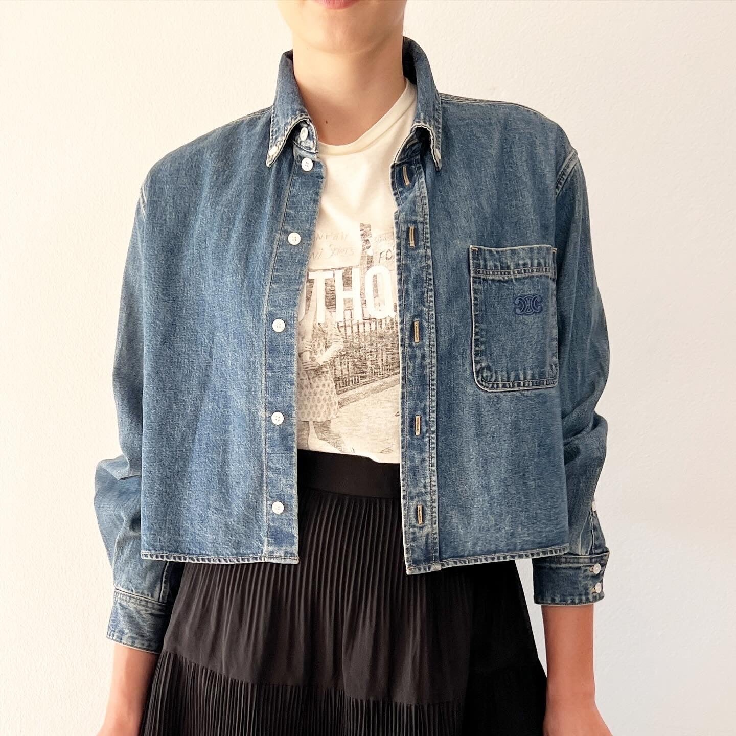Celine Cropped Denim Shirt in Blue, size XS