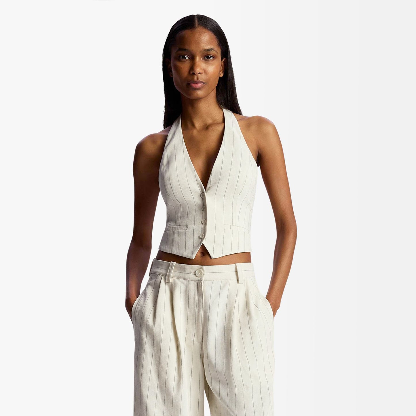 A.L.C. "Woodson" Pinstripe Suiting Halter Top in Ivory, size 4