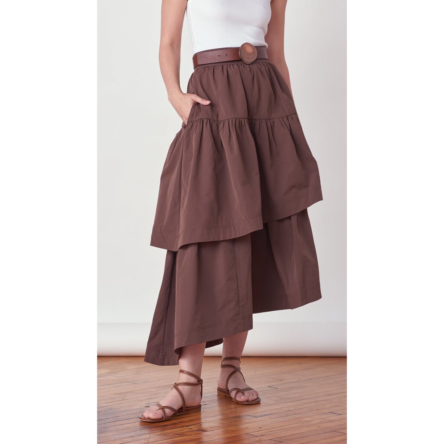 AJE Tiered Midi Skirt in Brown, size 8US/12UK