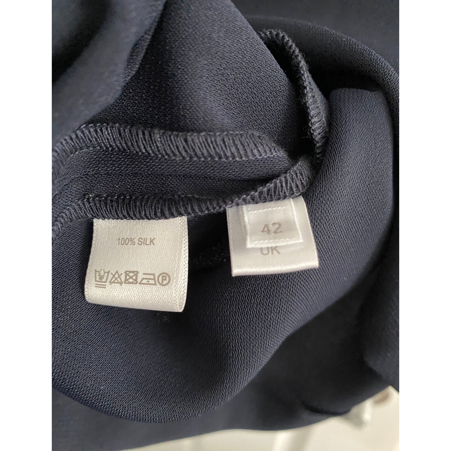 Atea Oceanie Navy Silk Crepe Long Sleeve Dress, size 42 (fits 8/10)