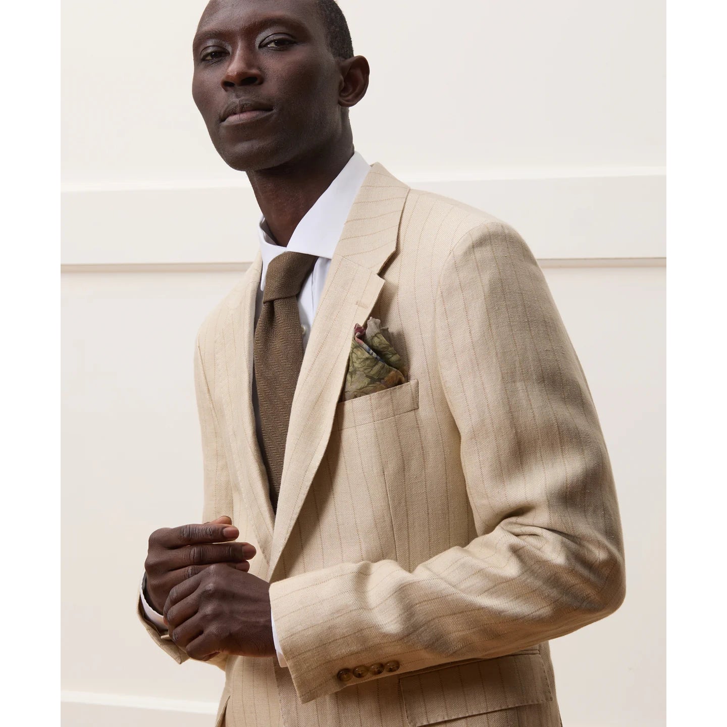 Todd Snyder "Sutton" Italian Linen-Silk Jacket in Tan Pinstripe, size 42R