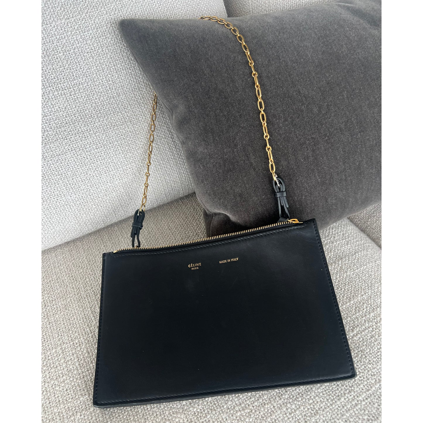 Celine Trio Shoulder Bag w Chain Strap in Black Leather