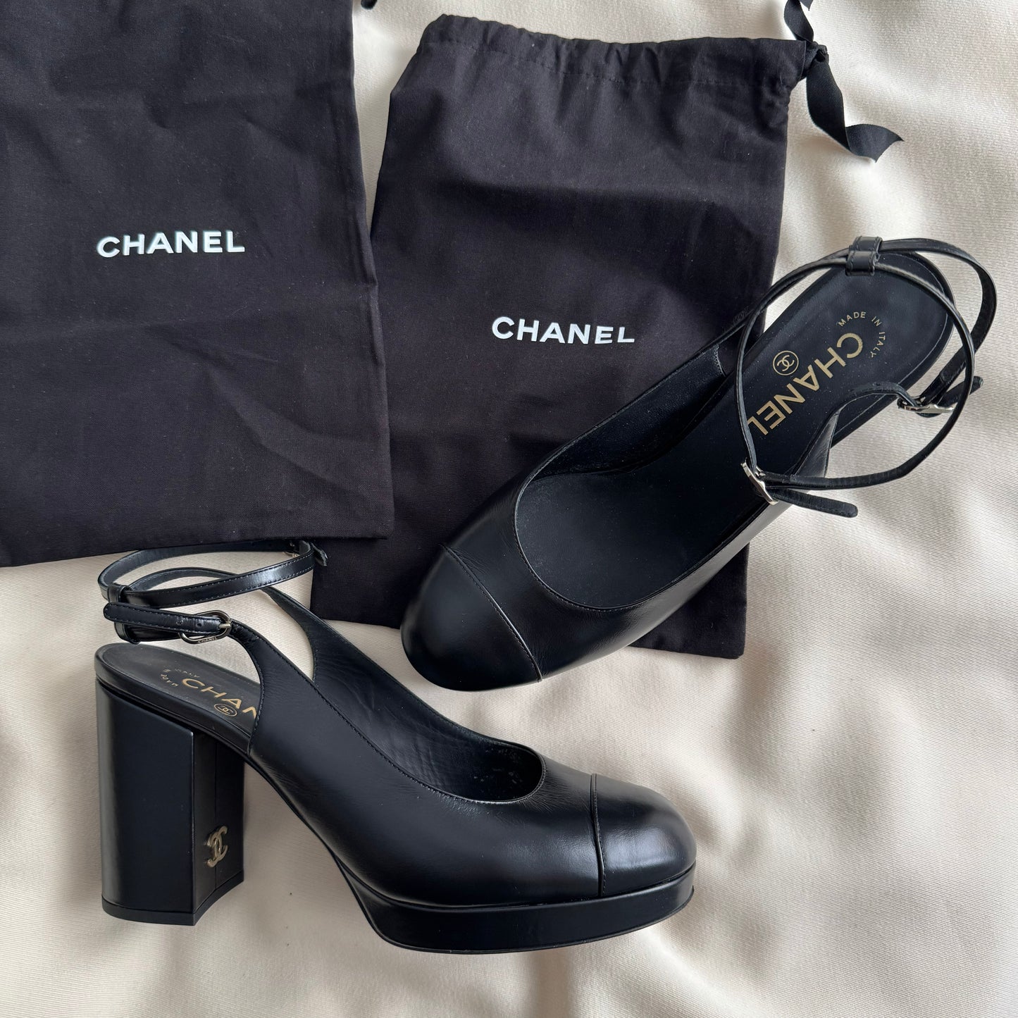 Chanel Round toe black ankle strap pumps, size 41.5