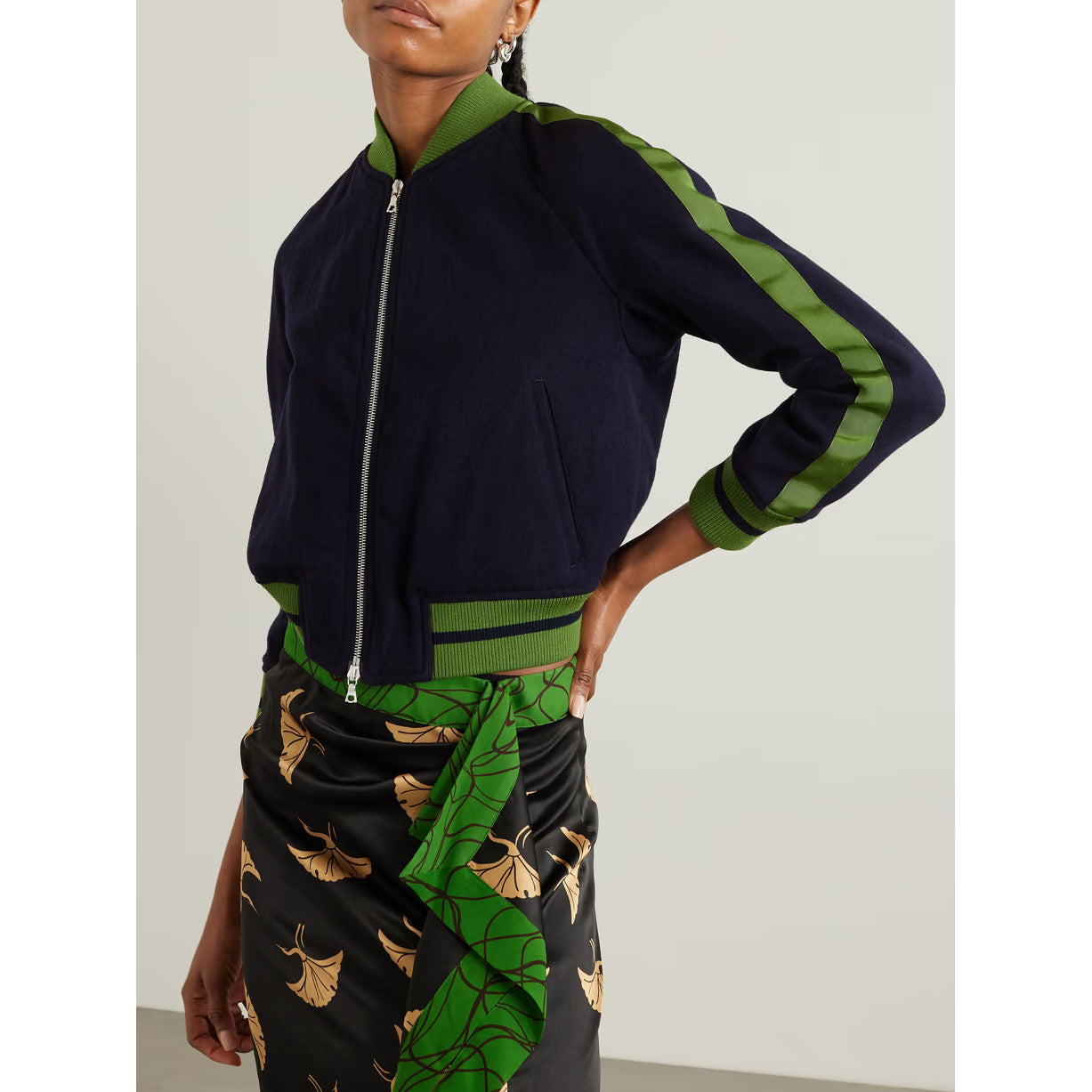 Dries Van Noten "Valory" Bomber Jacket in Navy/Green, size 42 (fits like size 8/10)