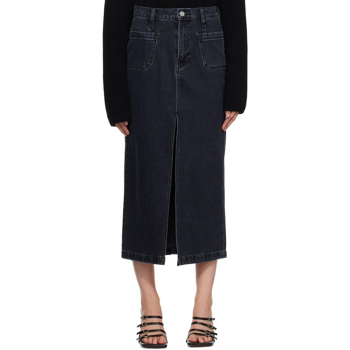 Frame Le Bardot Denim Midi Skirt in Black, size 26