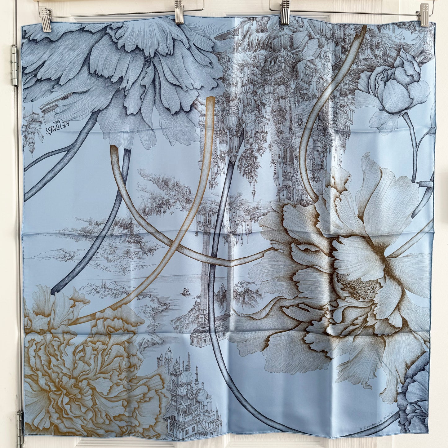 Hermes "A L’Ombre des Pivoines" 90cm Silk Scarf in Blue