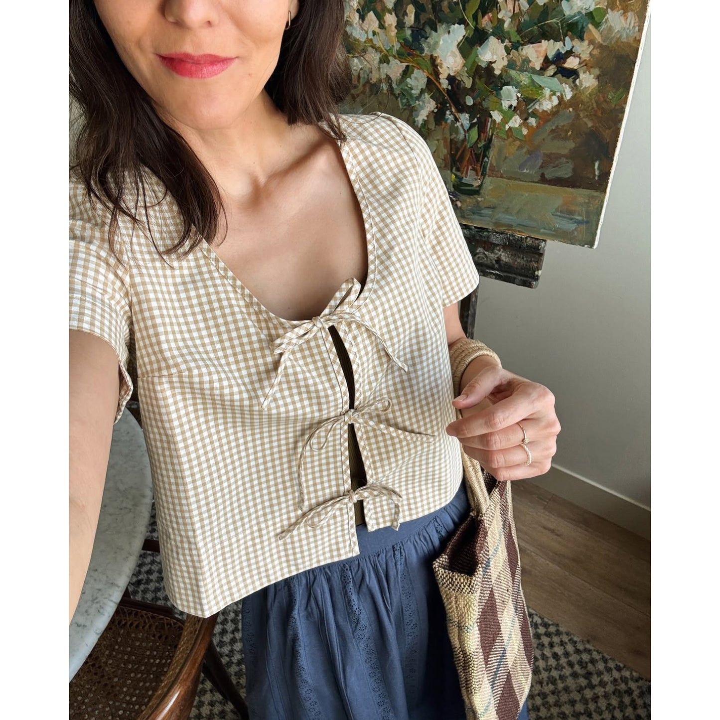Sezane "Kairo" Checked Short Sleeve Top, size 36