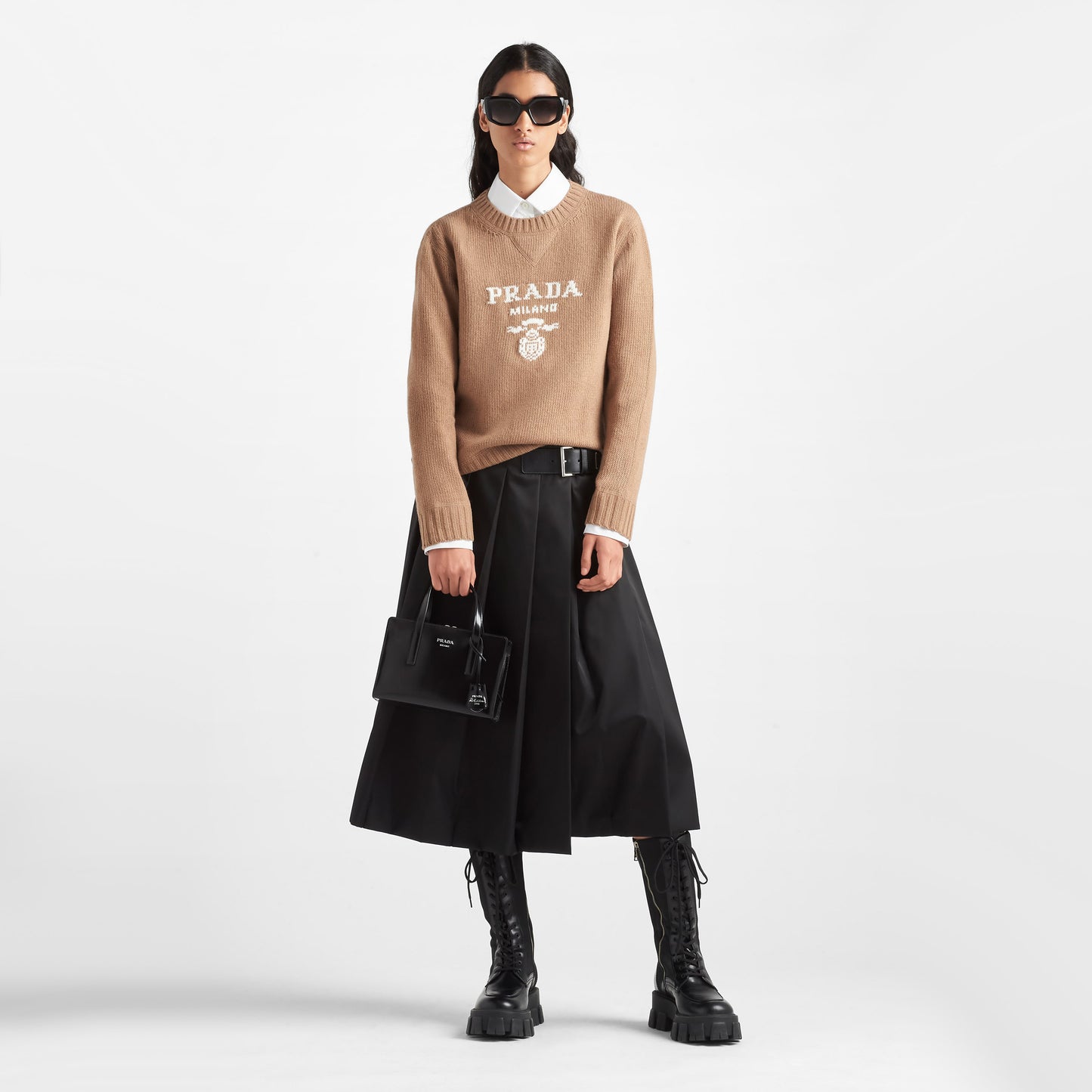 Prada Wool/Cashmere Logo Sweater in Camel, size 44