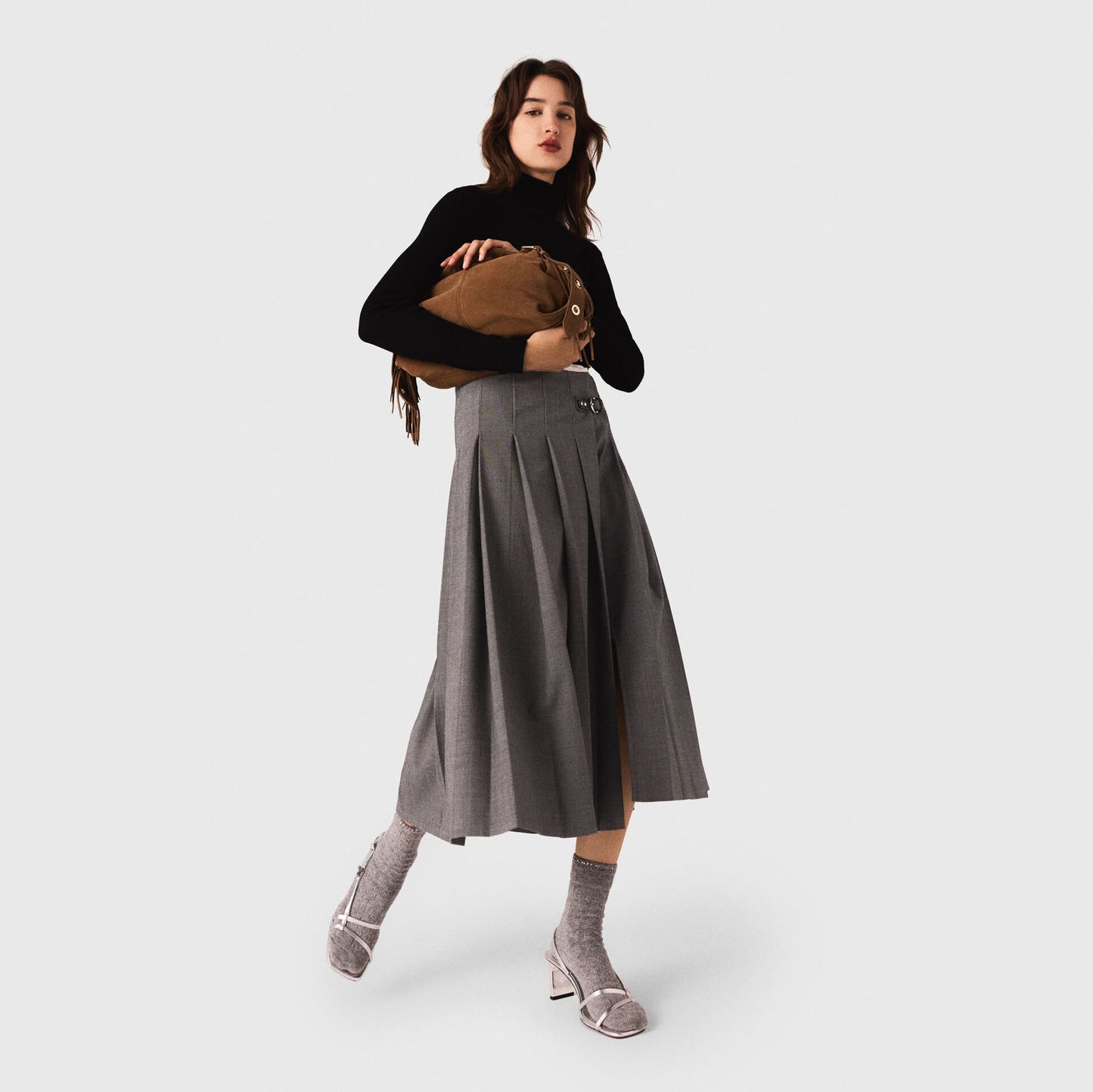 Maje Pleated Wrap Skirt in Grey, size 36 (size Small)
