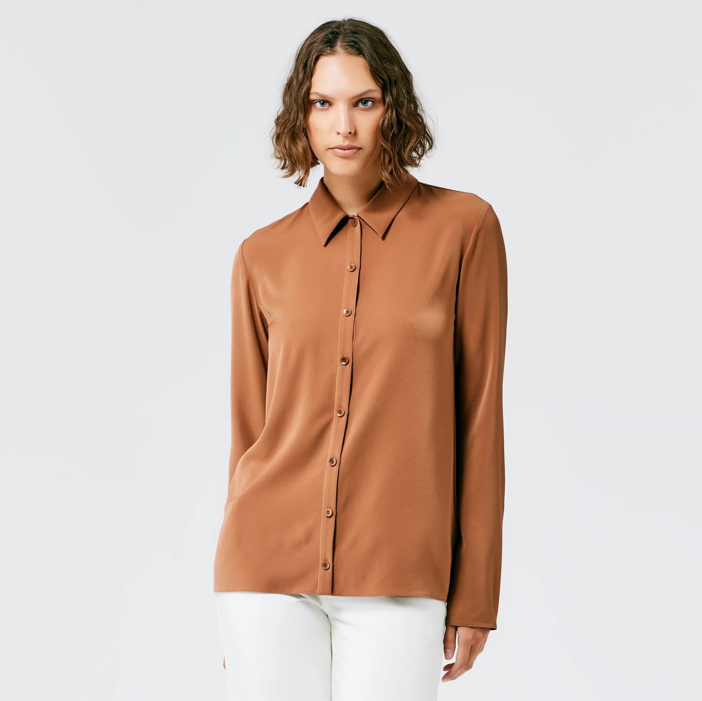 Tibi Soft Drape Slim Shirt in Cocoa Brown, size 8