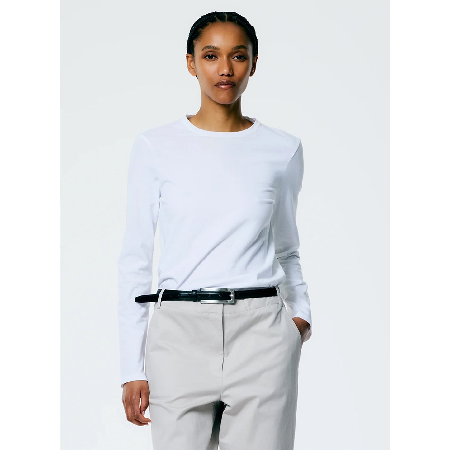 Tibi Long Sleeve Fitted Tee in White, size XL