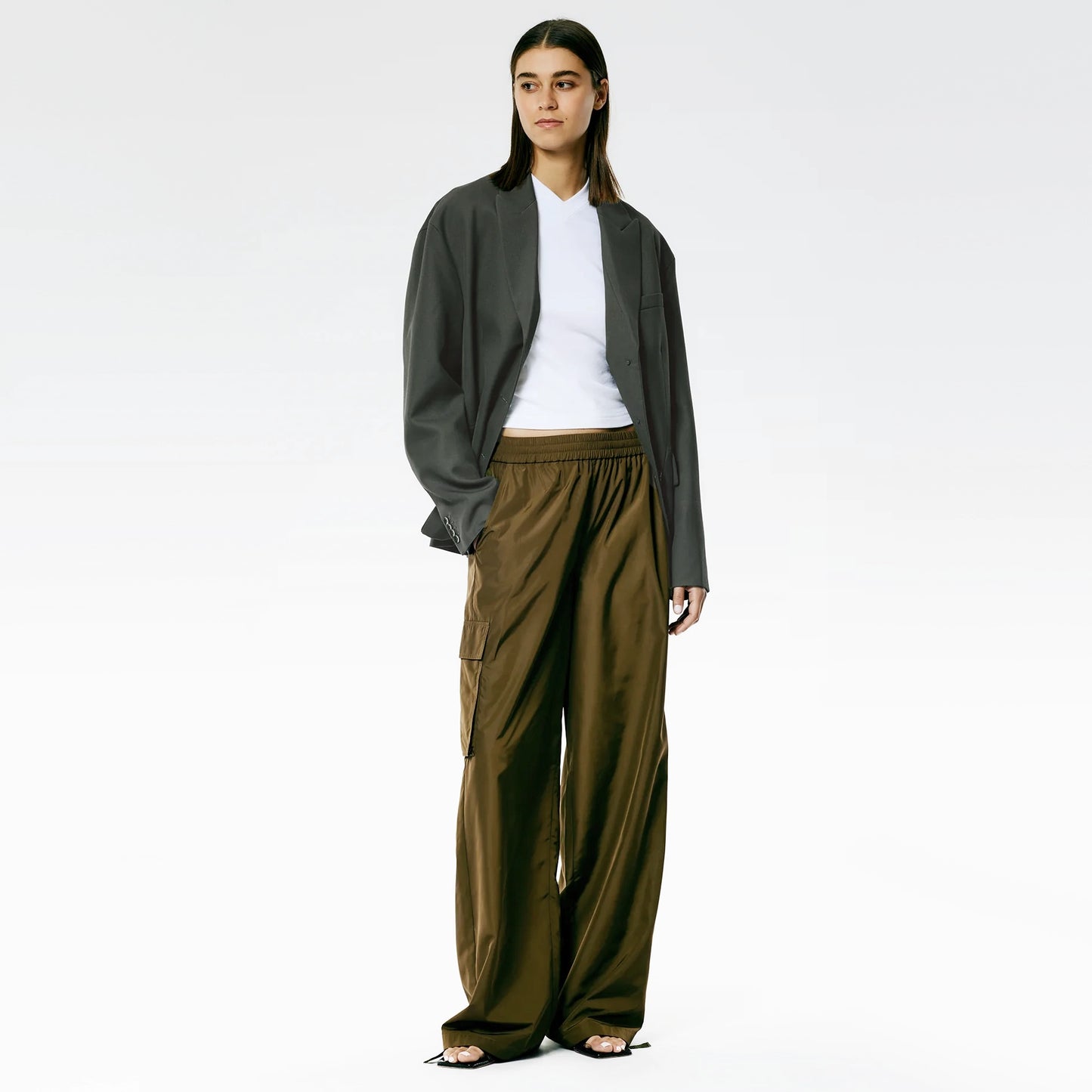 Tibi Italian Sporty Nylon Wide Leg Pull On Pants in "Wood", size XXS