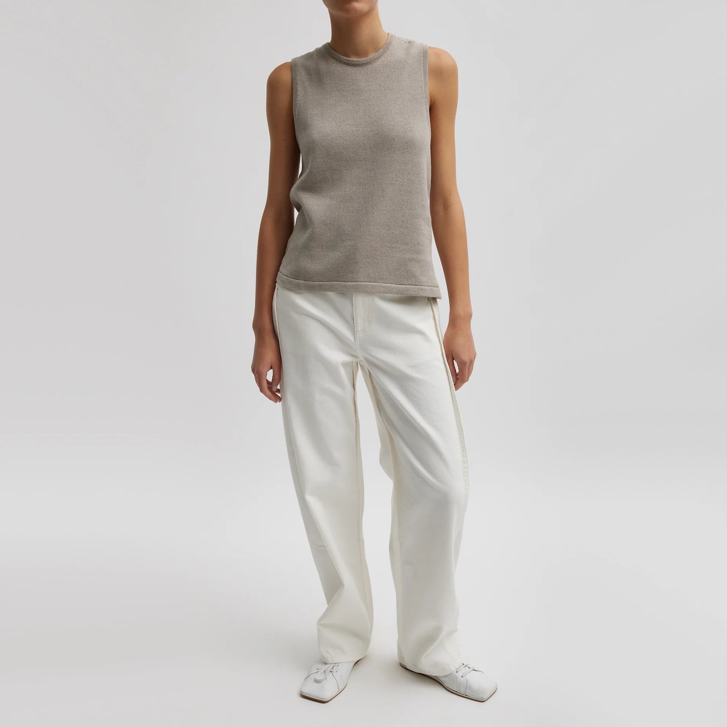 Tibi Criss Cross Sleeveless Cotton Knit in Light Stone, size Medium