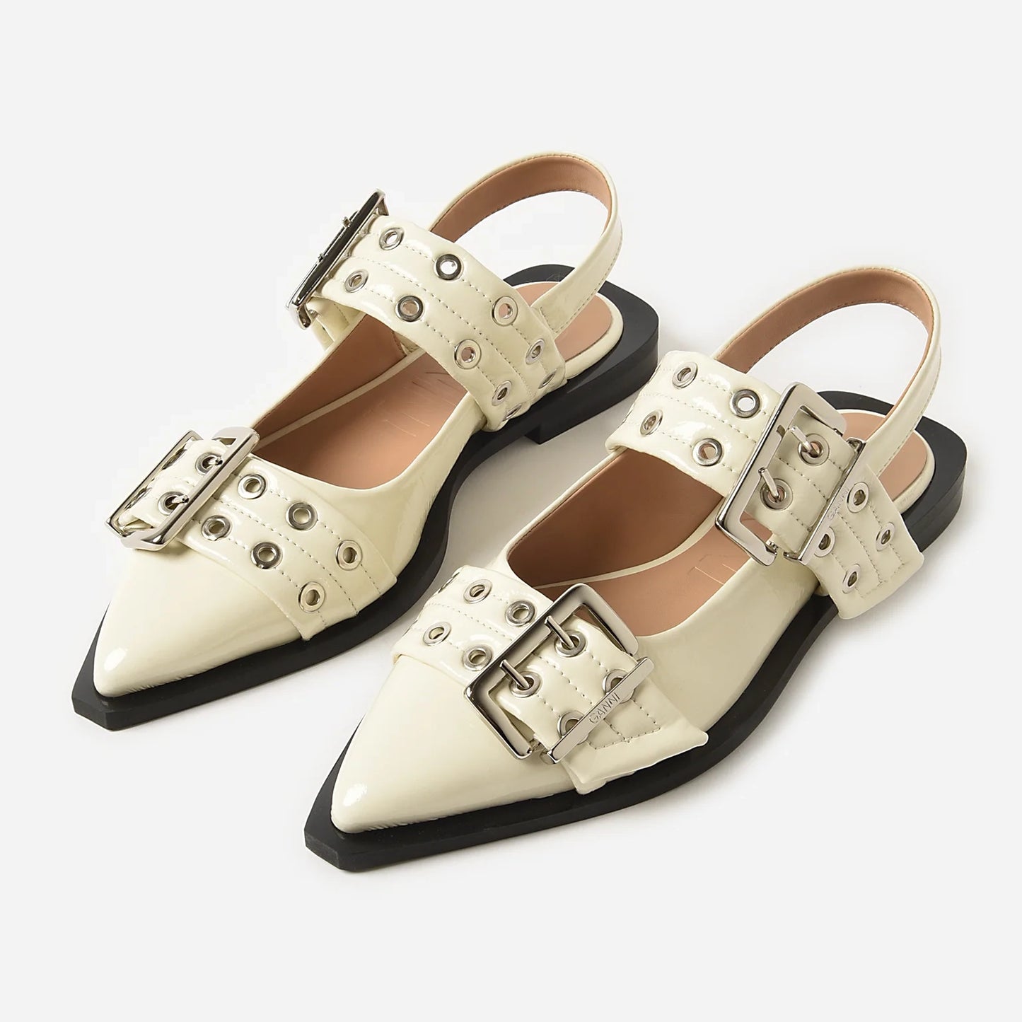 Ganni Patent Leather Buckle Flats in Ivory, size 39