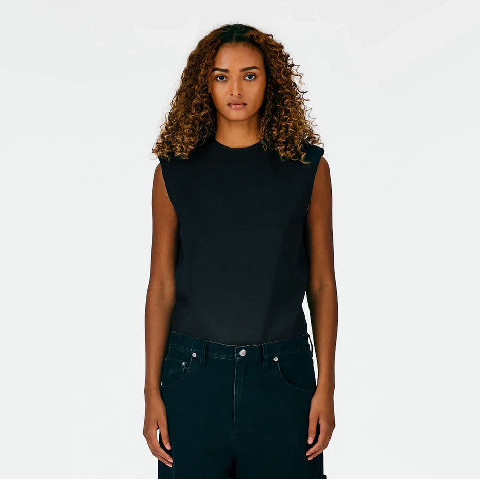 Tibi Chalky Drape Shoulder Pad Top in Black, size Medium