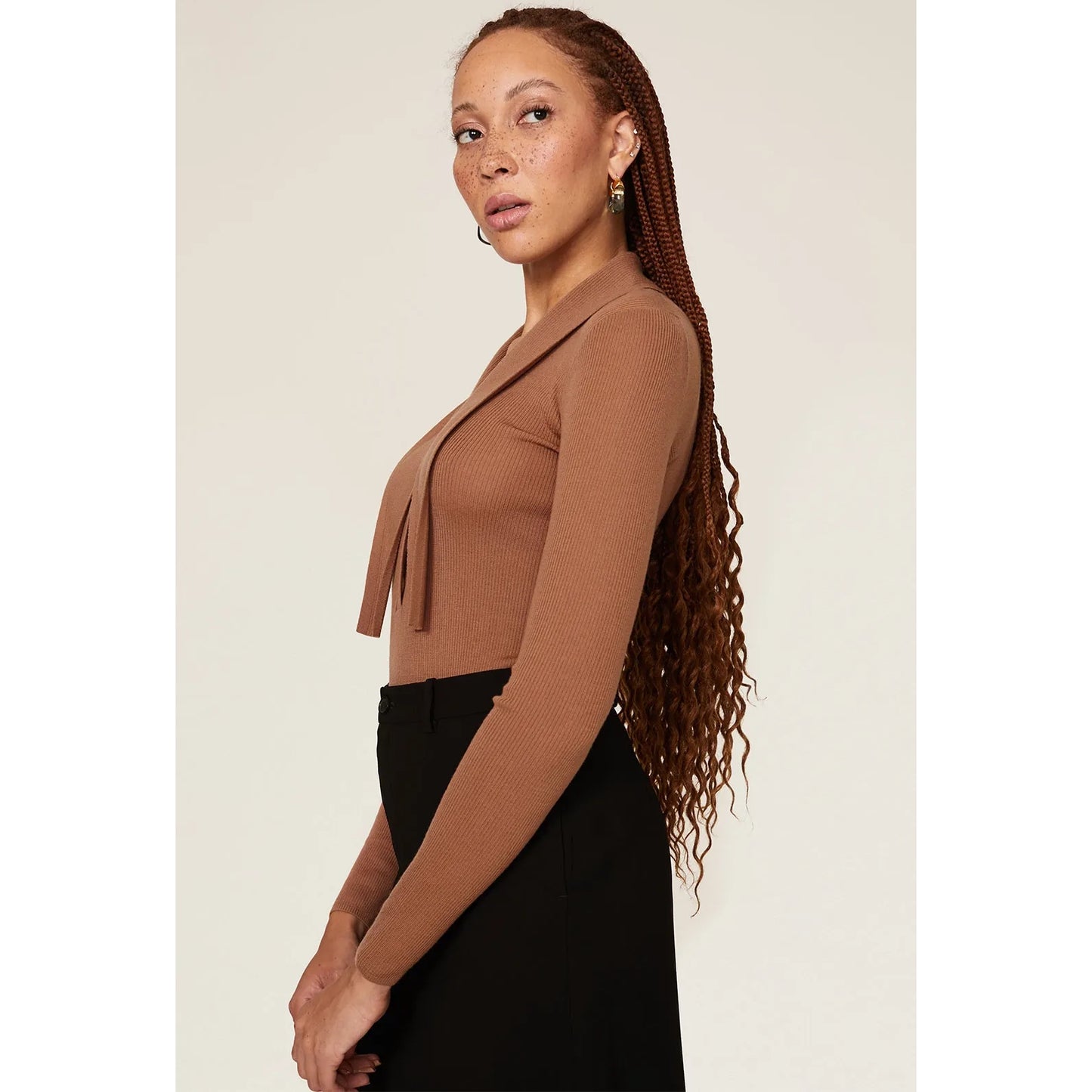 Tibi "Allonge" Collar Ribbed Sweater in Tan, size Large