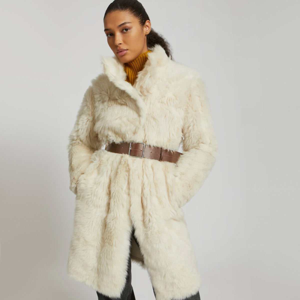 Yves Salomon Ivory Lamb Fur Coat w Belt, size 38 (fits 4/6)