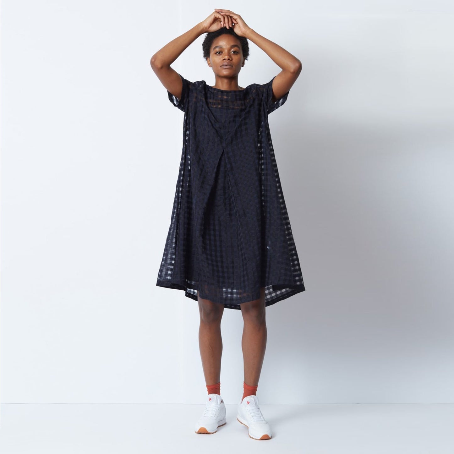 You Must Create "Cruz" Big Pleat Gingham Dress in Navy, size Large