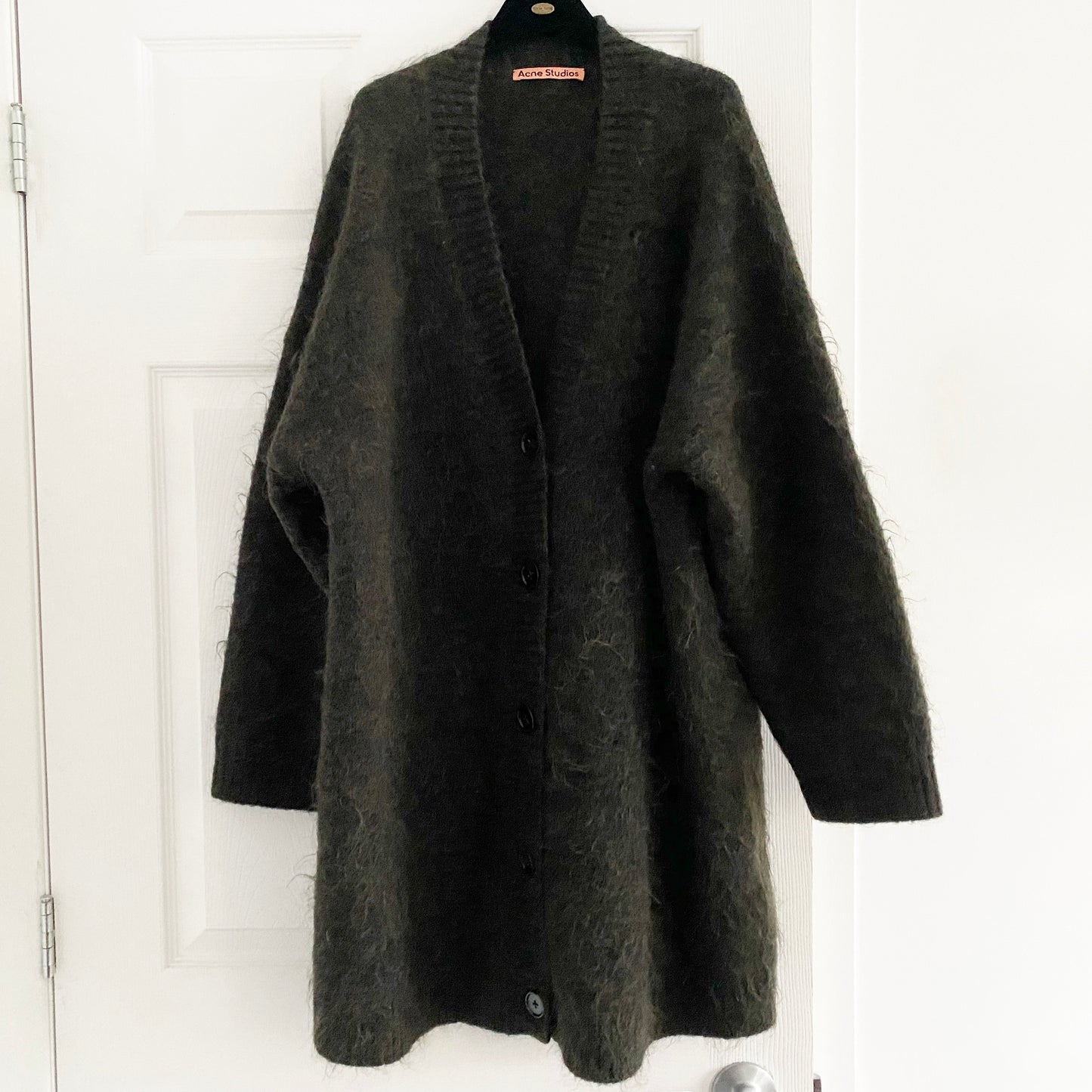 ACNE Wool/Mohair Long Cardigan in Green Olive, Size S/M (fits oversize)