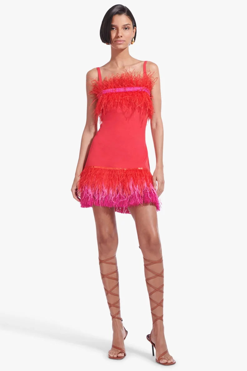 STAUD Etta Feather And Raffia-trimmed Crochet-knit Mini Dress In Blood Orange, size Small