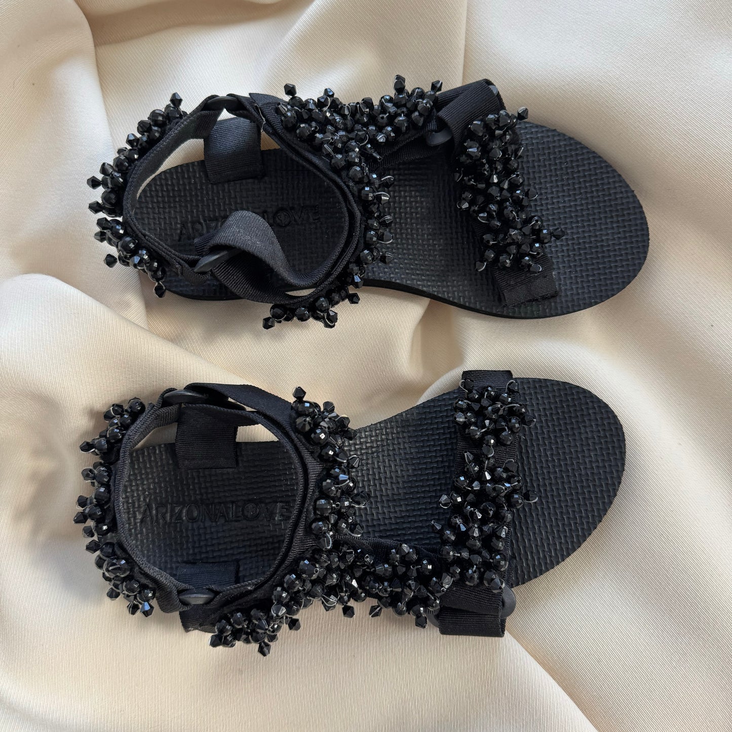 Arizona Love "Trekky" bead-embellished sandals in Black, size 7