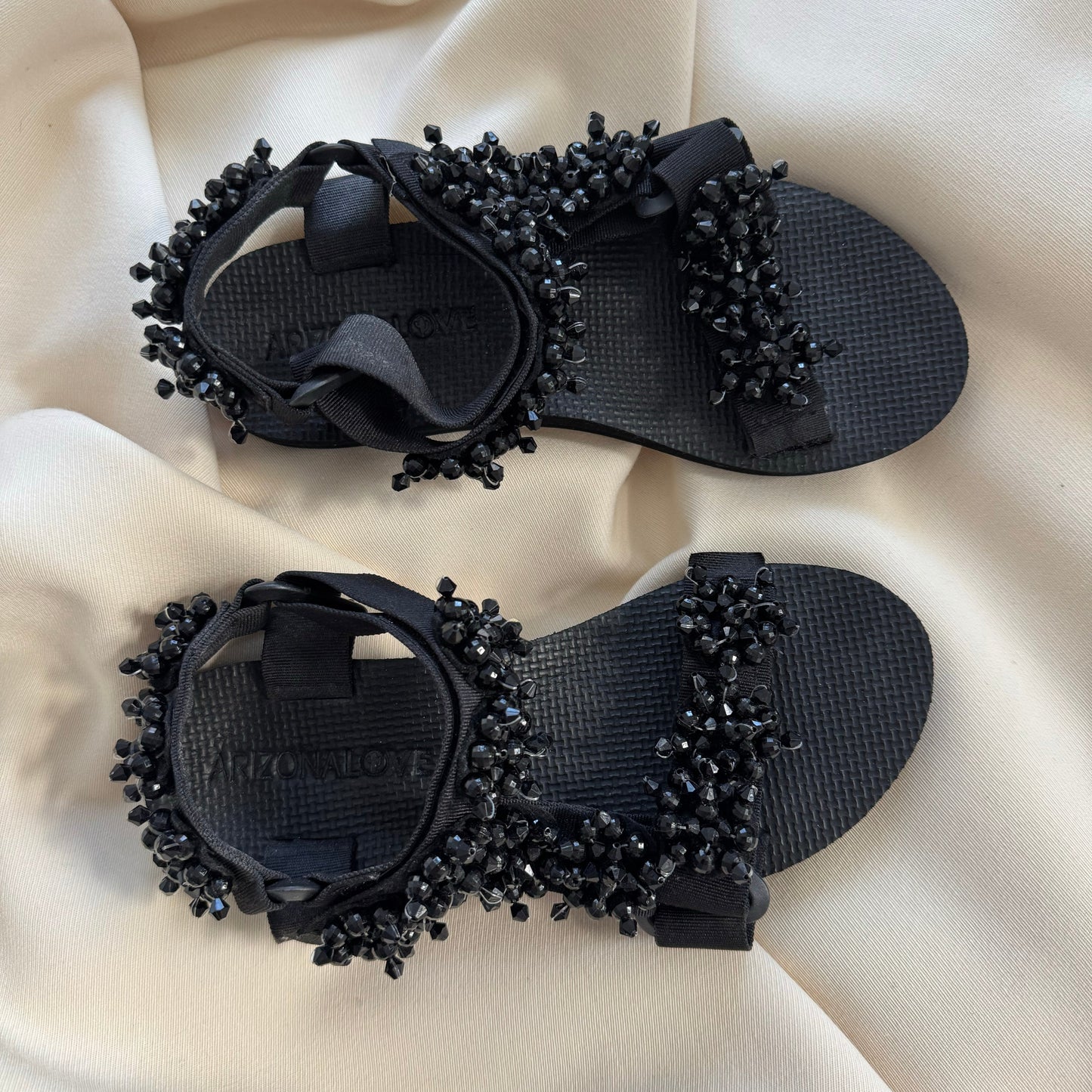 Arizona Love "Trekky" bead-embellished sandals in Black, size 7