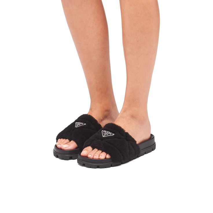 Prada Shearling Fur Slides in Black, size 41