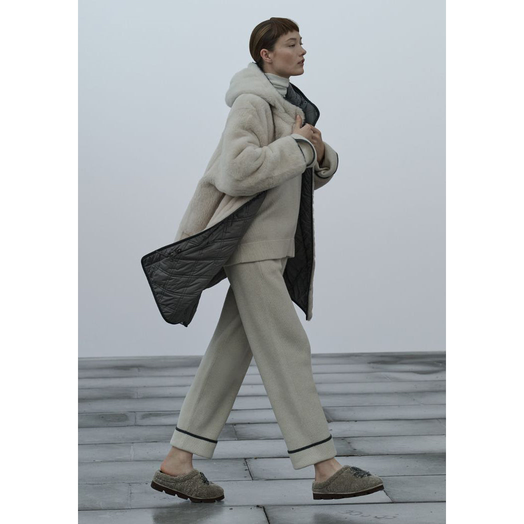 Brunello Cucinelli Reversible Shearling Coat in Ivory/Grey, size 42