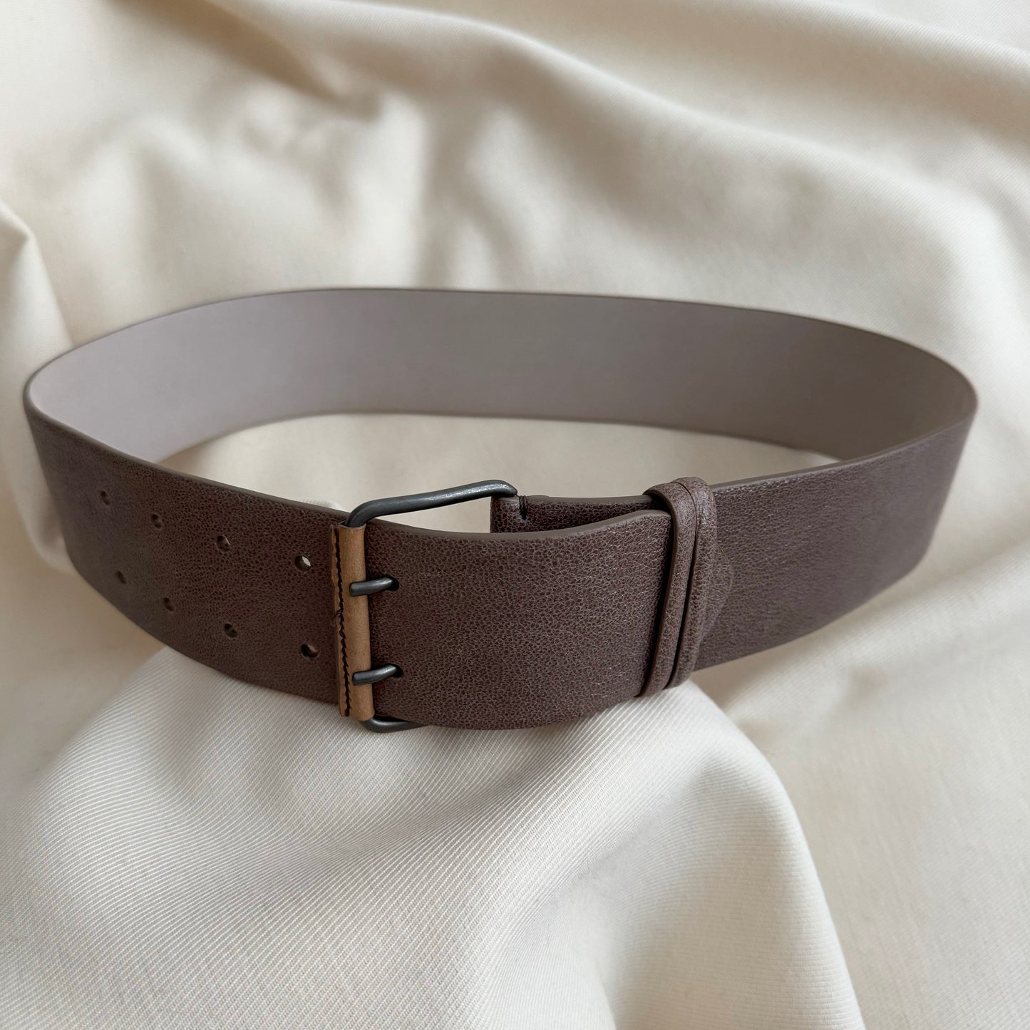 Brunello Cucinelli Wide Taupe Leather Belt, size medium