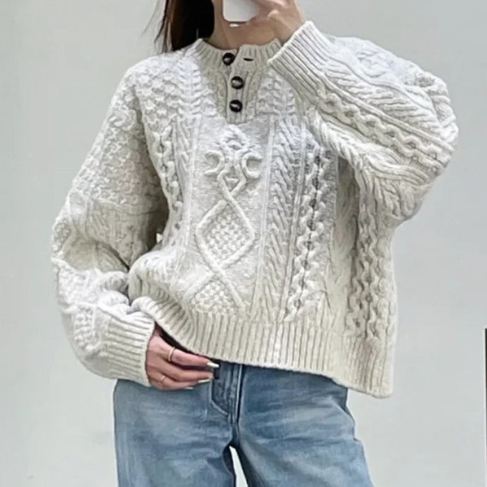 Celine Triomphe Crew Neck Aran Wool Sweater in Off-White , size Medium