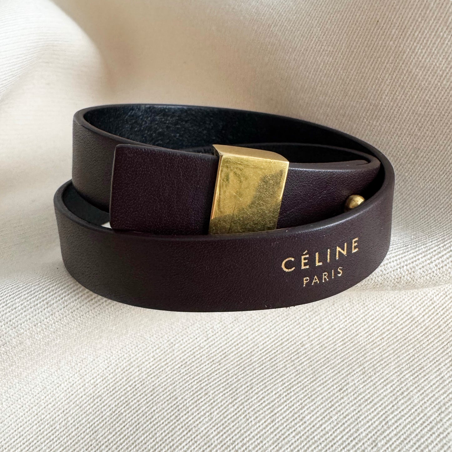 Celine Double Wrap Leather Cuff in Brown, size Medium