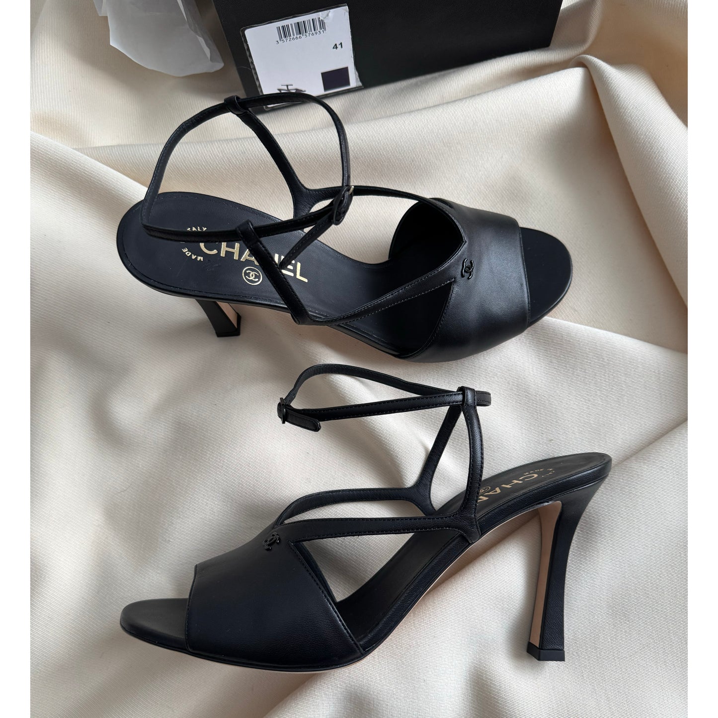 Chanel High Heel Leather Sandals in Black, size 41C