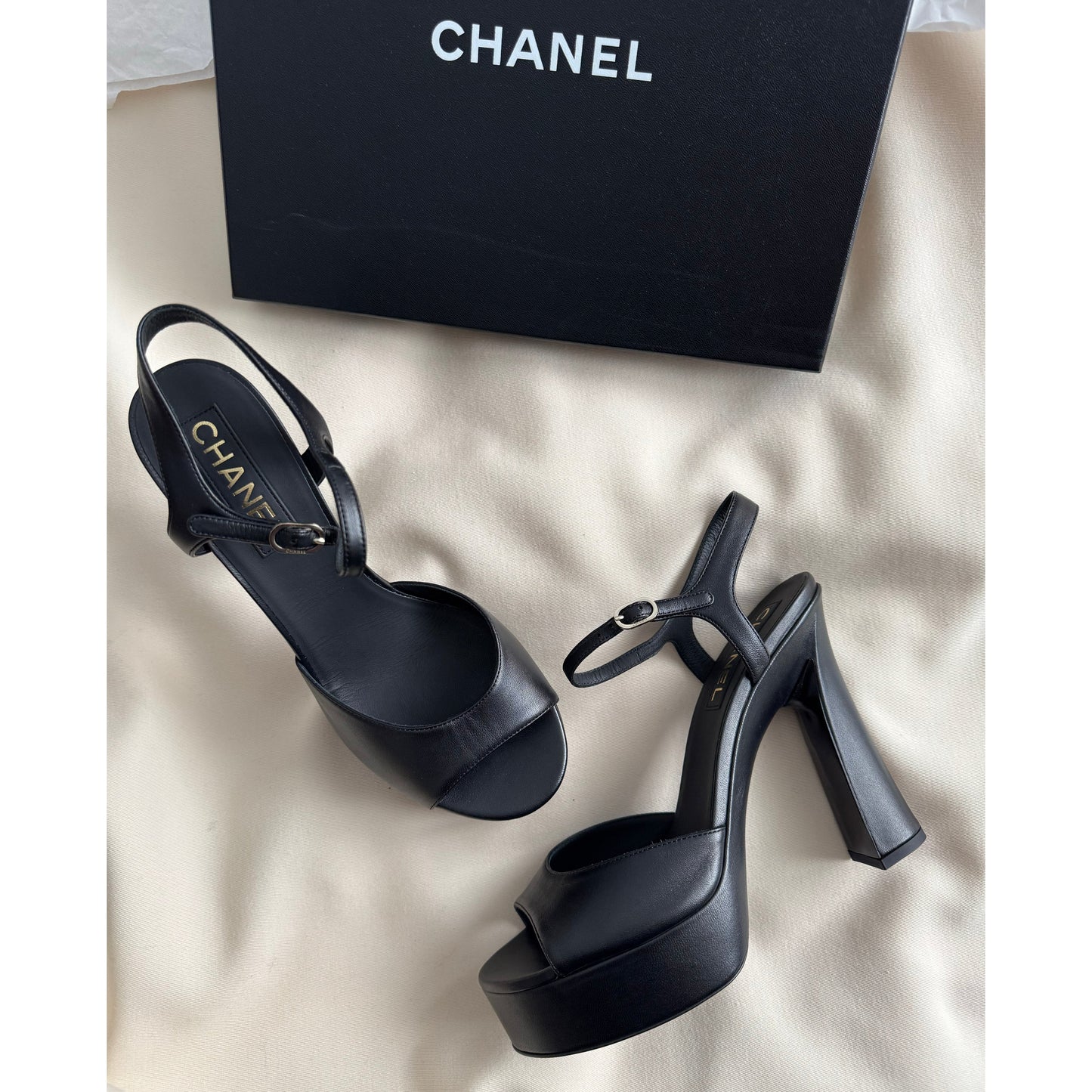 Chanel High Heel Platform Black Sandal, size 41