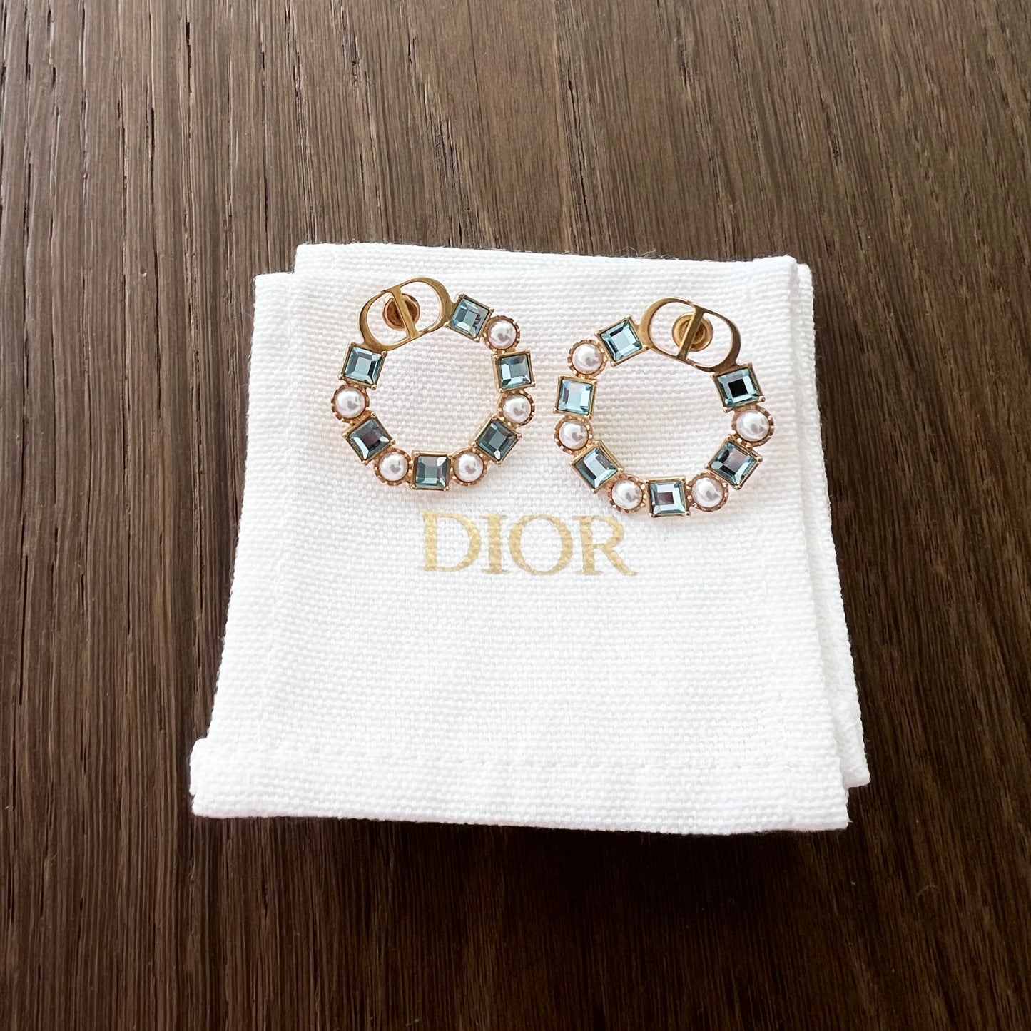 Christian Dior CD Logo Blue Crystal & Pearl Hoop Earrings