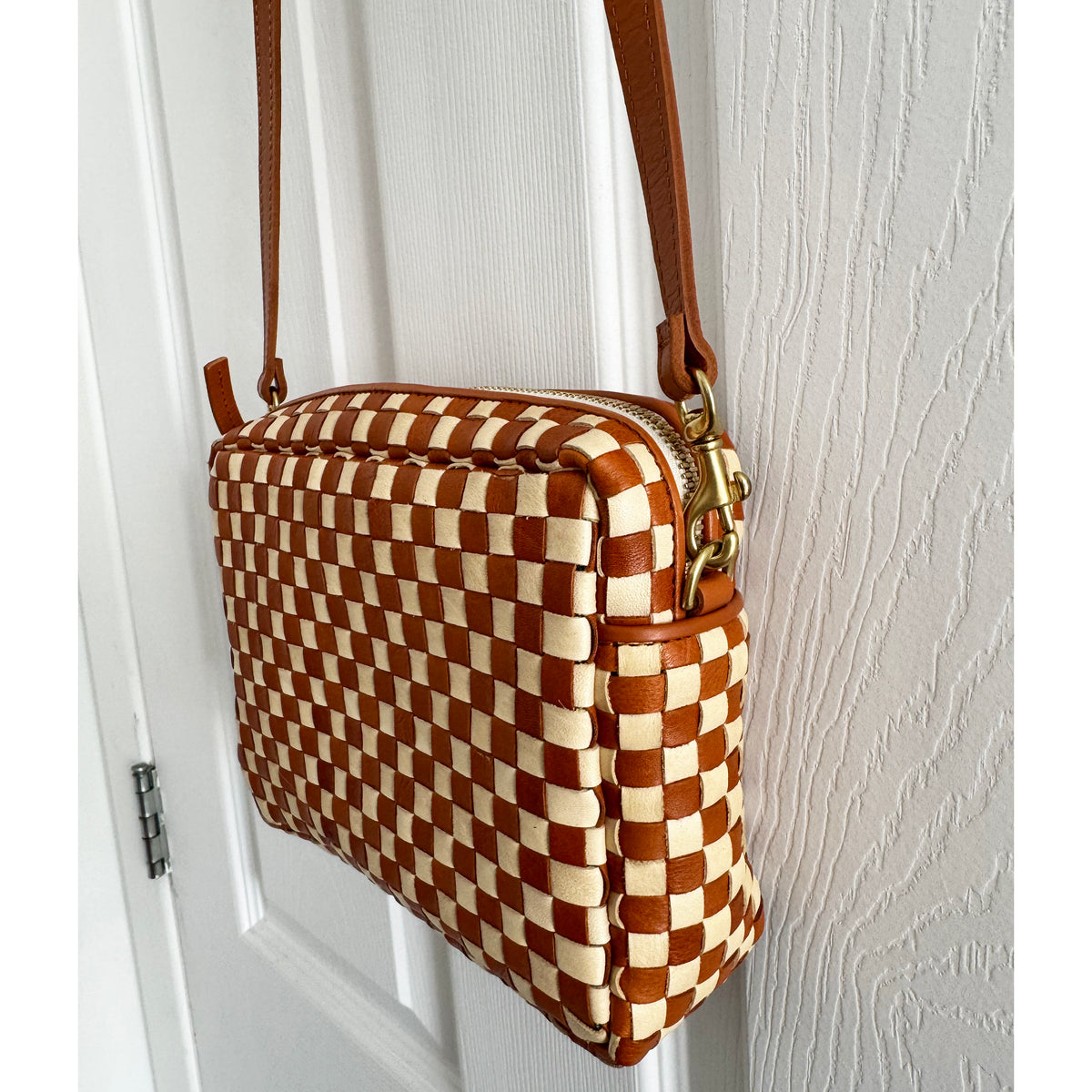 Clare V "Midi Sac" in Natural & Cream Woven Checker Leather