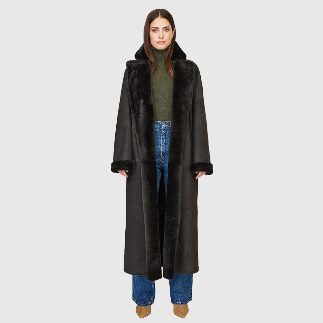 Hiso "Danielle" Reversible Shearling Duster in "Black Vintage", size Small