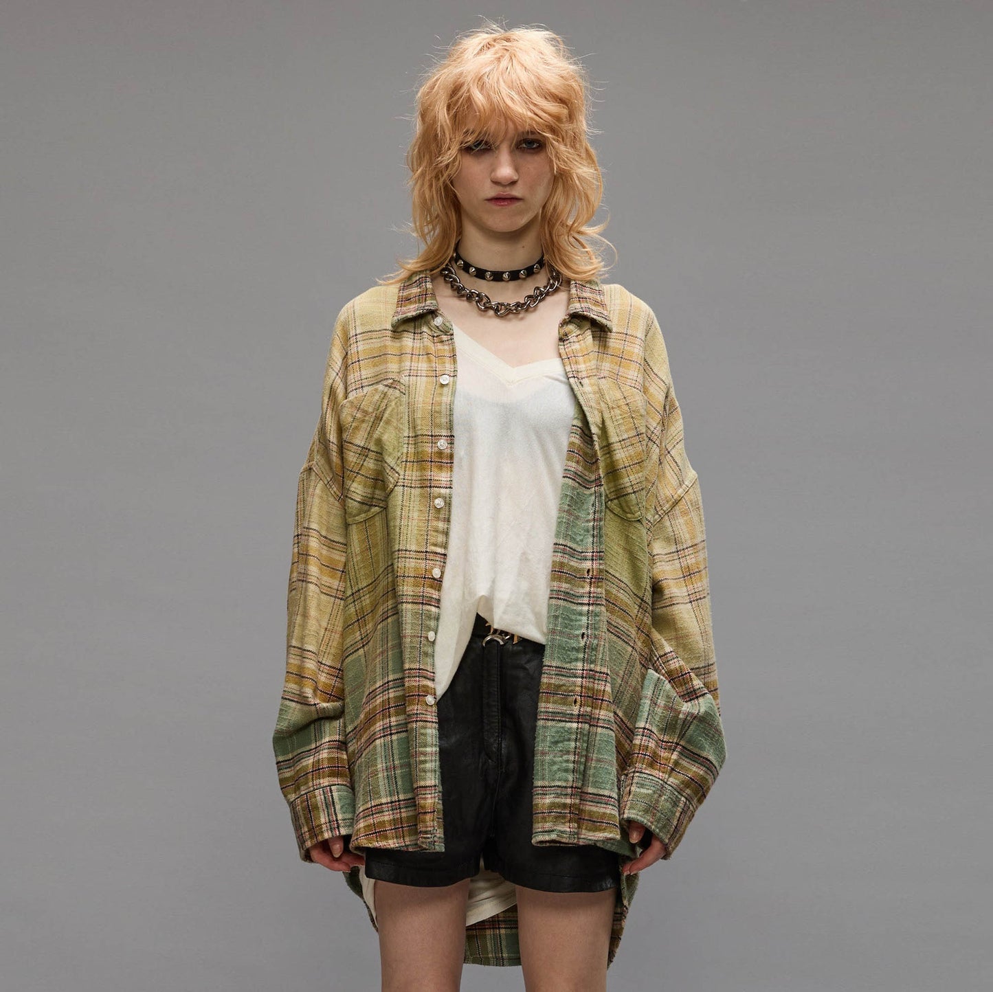 R13 Drop Neck Workshirt in Bleach Gradient Green Plaid, size Medium