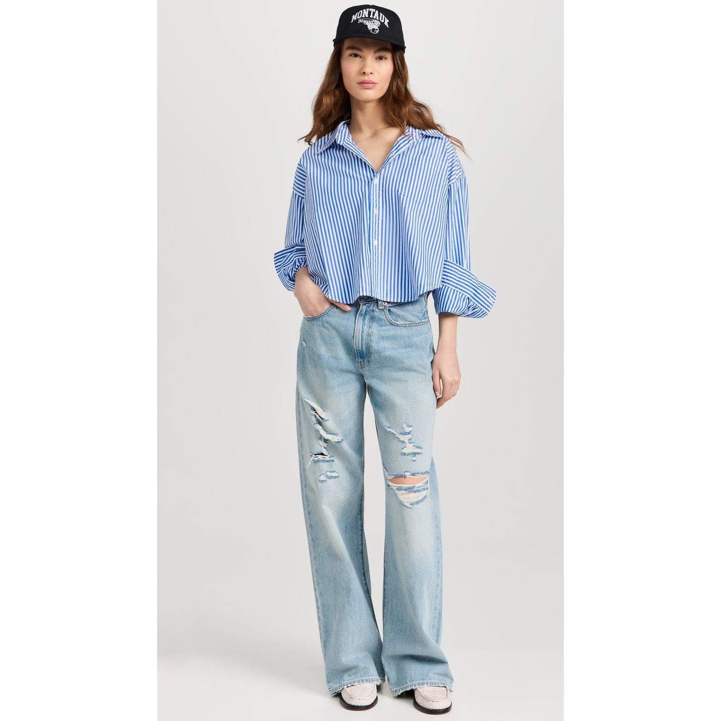 Denimist Cropped Shirt in Blue Stripe, size XXS (fits loose)