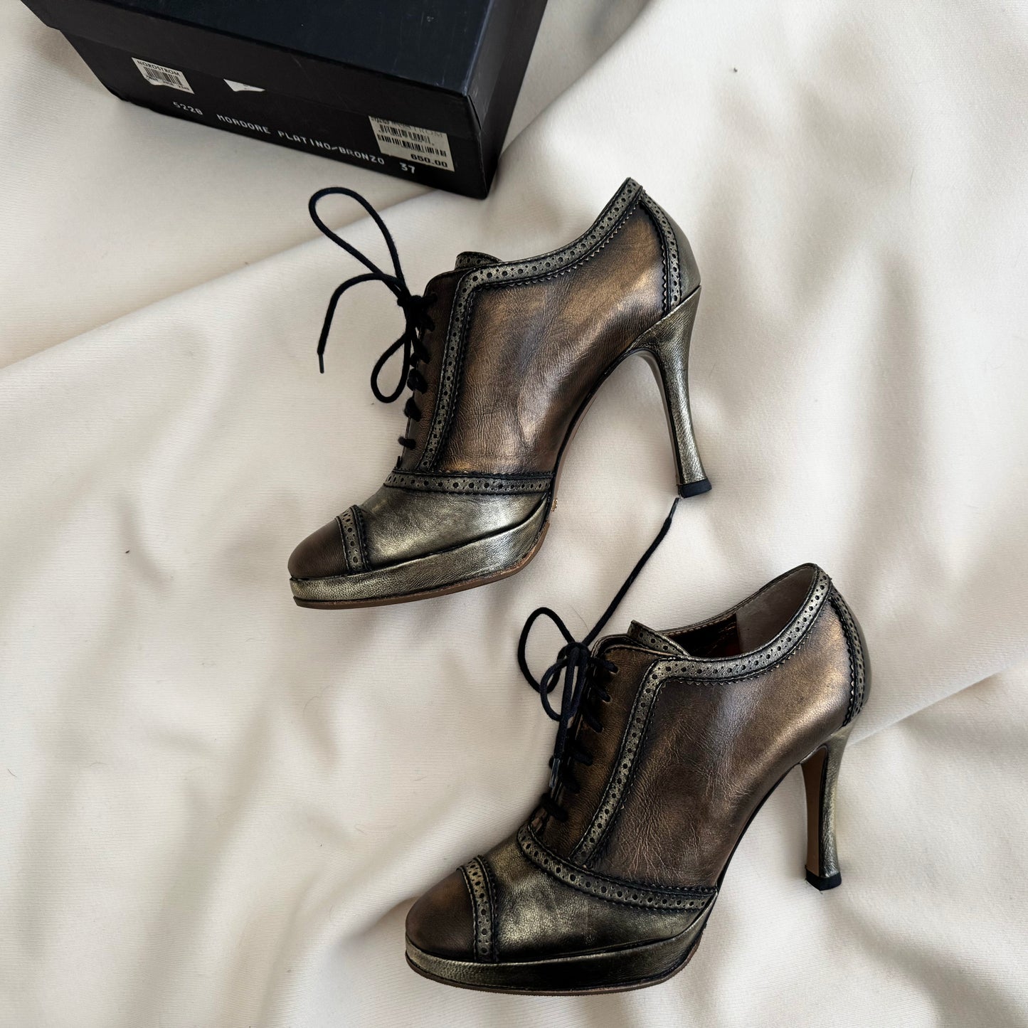 Dolce & Gabbana Antiqued Gold Lace Up Booties, size 37