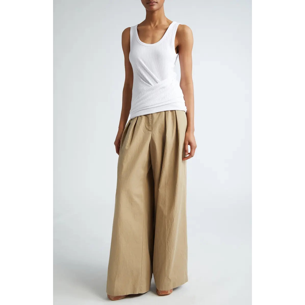 Dries Van Noten "Hoga" Asymmetrical Ribbed Tank in White, size large