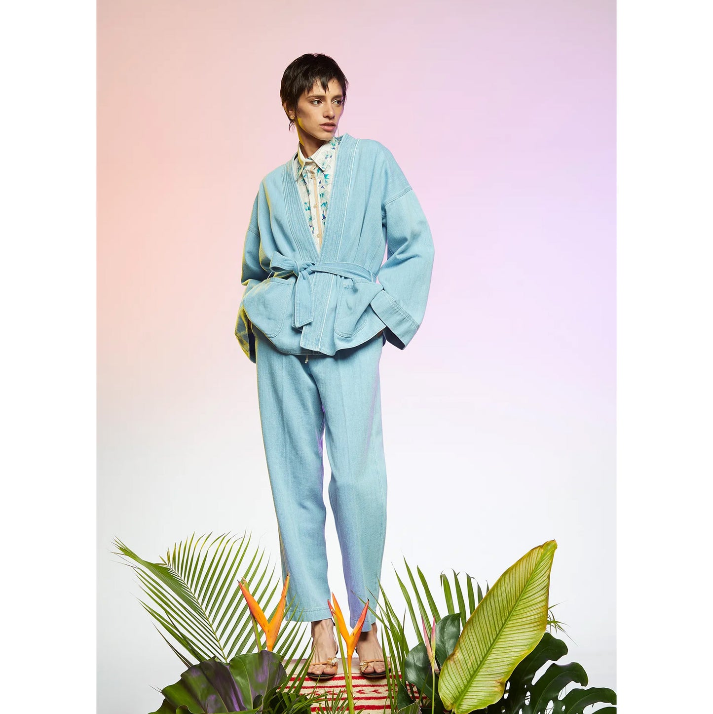 Forte_Forte Belted Denim "Cavalry Kimono" Jacket in Light Blue, size "0" (Fits like size S)