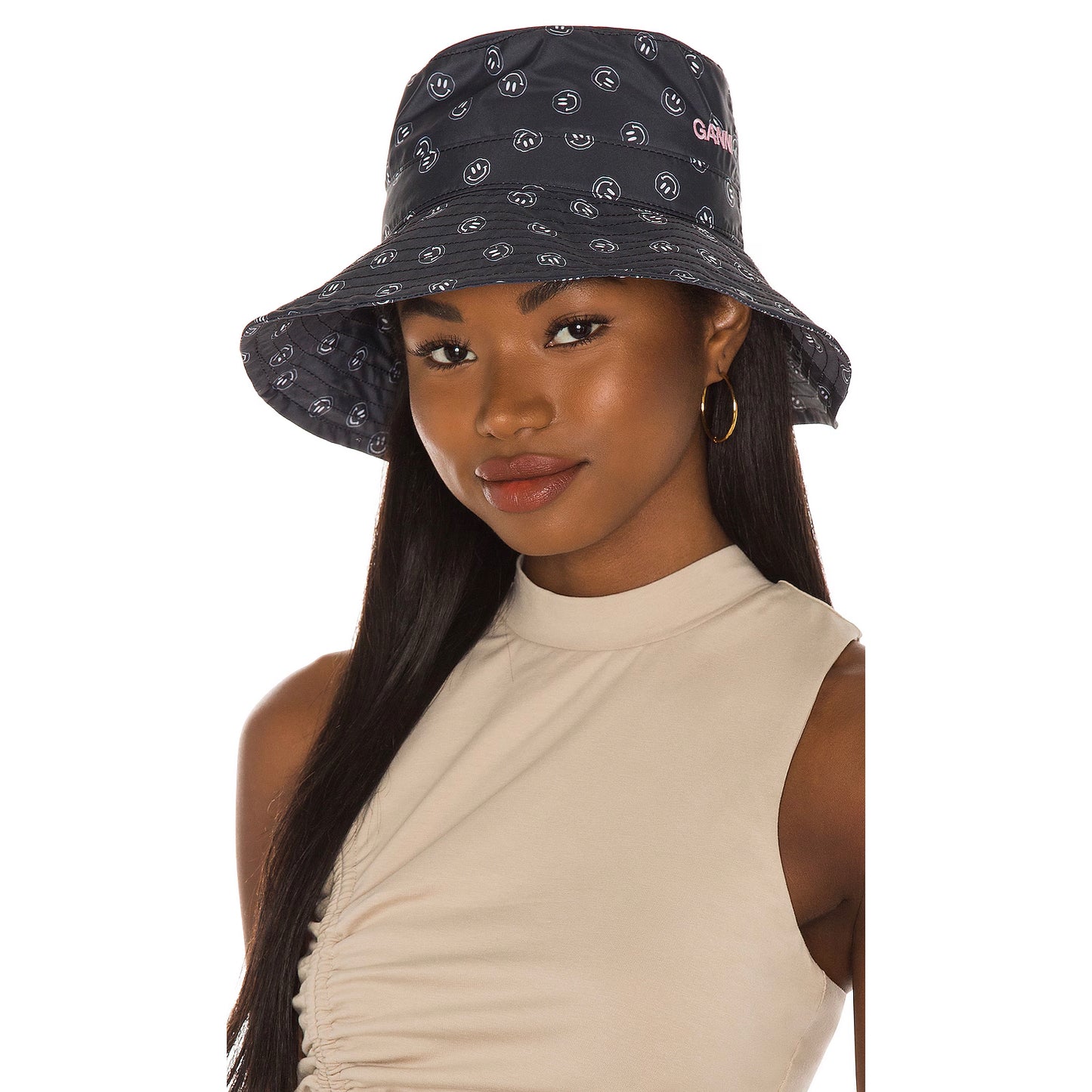 Ganni Printed Bucket Hat in "Phantom", size XS/S