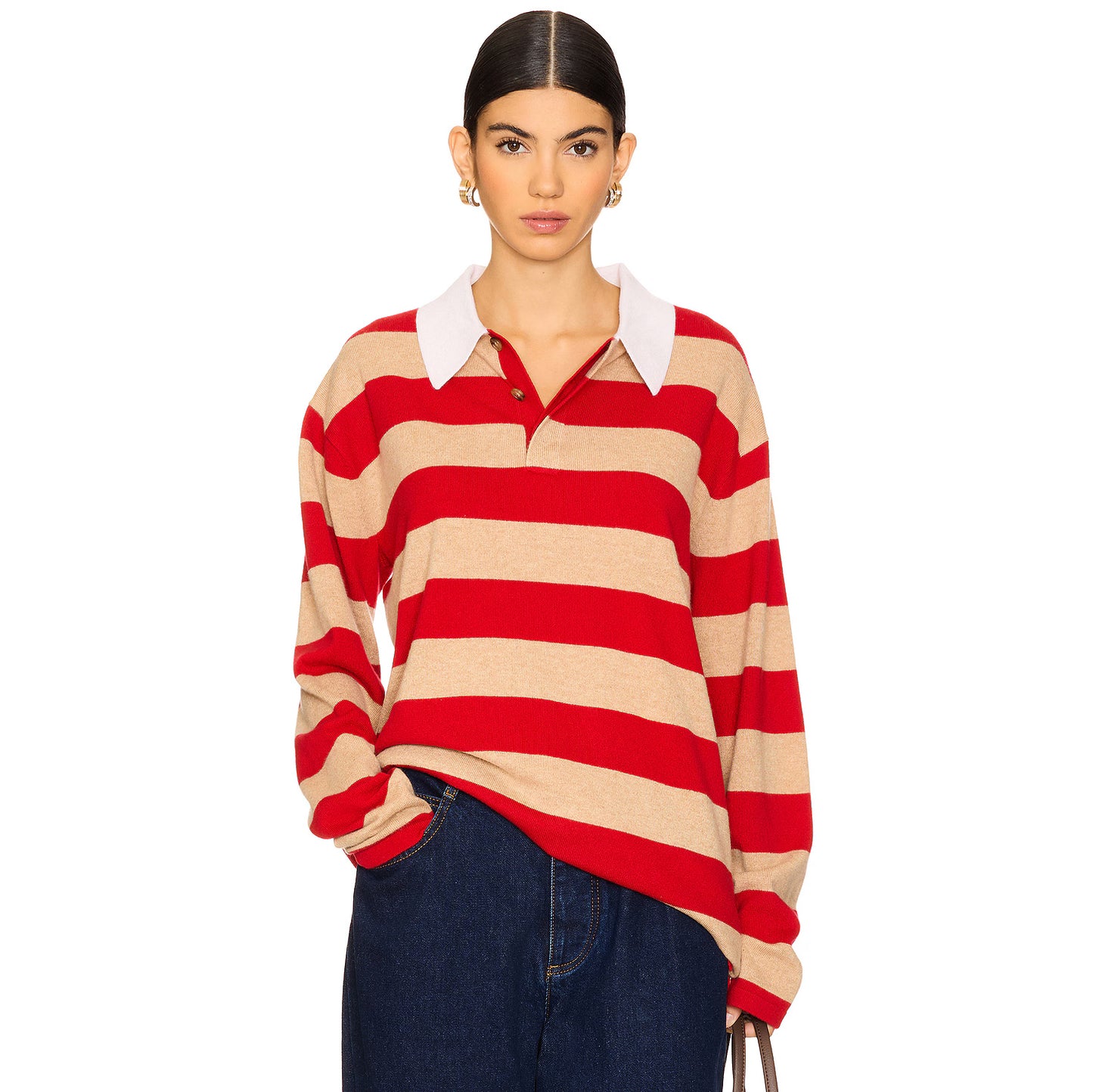 Guest in Residence Striped Rugby Cashmere Sweater in Red/Tan, size Small